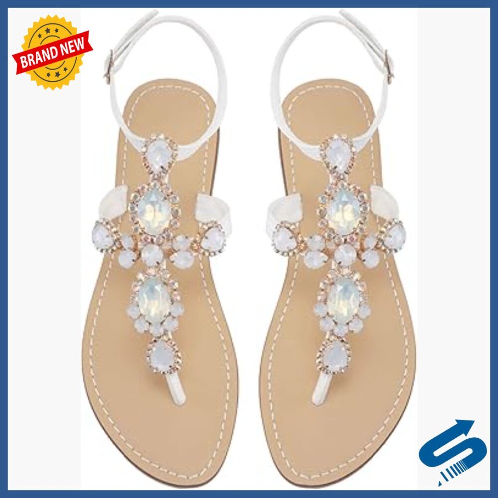 Rhinestone Gladiator Sandals Flat Wedding Bohemian Gem Pearl Sparkling Bridal
